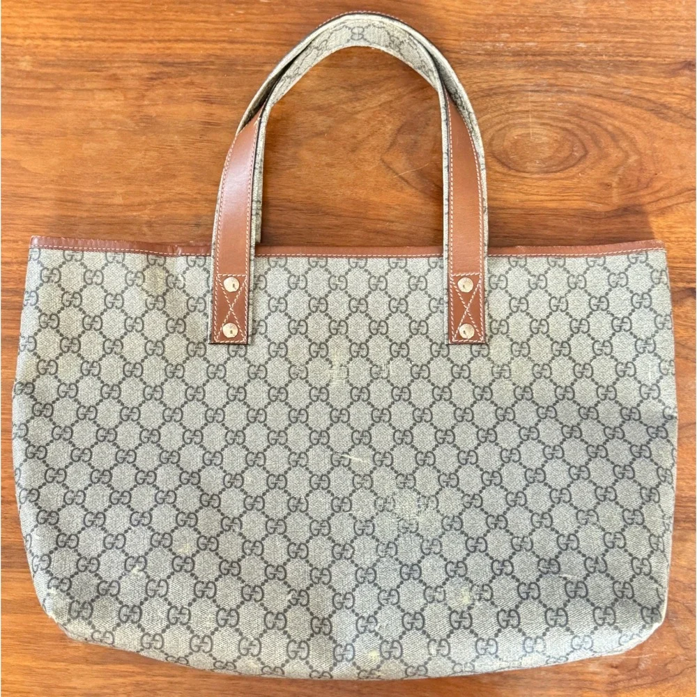 Gucci GG Supreme Tote Bag Monogram Canvas Brown Leather Web Detail 211134